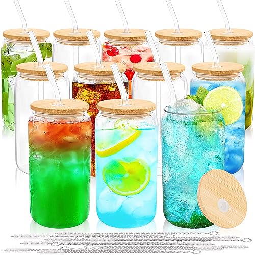 12pcs 16Oz Glass Cups with Bamboo Lids and Straws Drinking Glasses (12 Count)