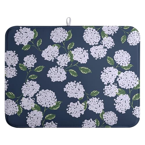 Navy Blue Hydrangea Dish Drying Mats Spring Summer Dish Mat Vintage Floral Drying Matt Dishes Dryer Pad for Kitchen Counter Absorbent Microfiber Washable Foldable Reusable 18x24 in