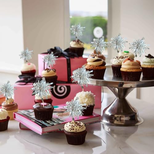 30Pcs Foil Firework Cupcake Toppers Sparkle Tinsel Star Cake Toppers Tinsel Drink Cake Decoration Cocktail Picks for Birthday Wedding Graduation Party Supplies Silver (30 Count)
