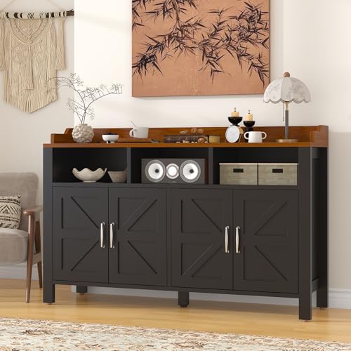 Buffet Cabinet with Storage Farmhouse with 4 Doors and 3 Open Compartments