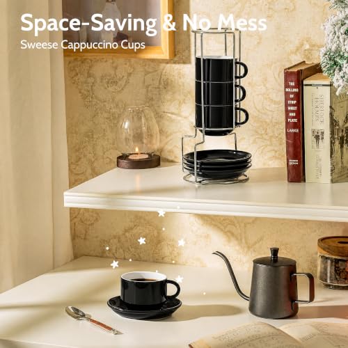 8 Ounce Stackable Cappuccino Cups with Saucers and Metal Stand (4 Count)