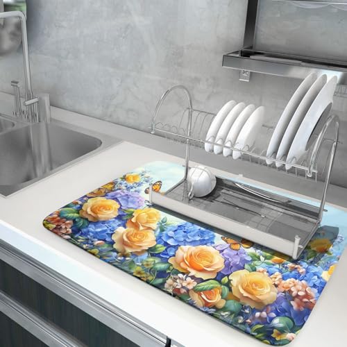 Spring Blue Yellow Hydrangeas Flowers Dish Drying Mat for Kitchen Counter