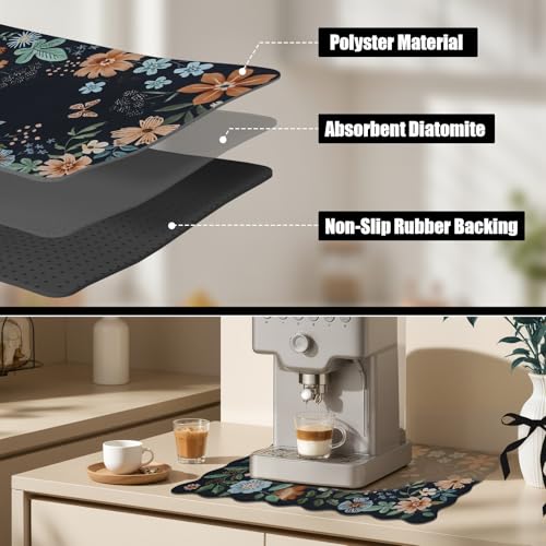 Scalloped Bohemian Coffee Bar Mat Dish Drying Mats for Kitchen Counter