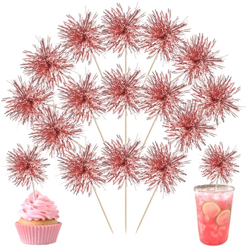 40 PCS Foil Firework Cupcake Toppers Rose Gold Sparkler Cupcake Picks Sparkle Tinsel Fireworks Decorations Cocktail Fruit Toothpick for Firework Theme Birthday Wedding Graduation Party Decor Supplies (40 Count)