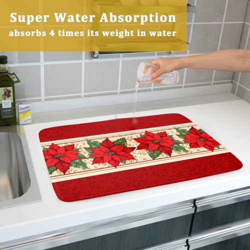 Poinsettia Flowers Dish Drying Mat 18"x24" Christmas Red Decorative Dish Drainer Mats Xmas Winter Floral Print Reversible Microfiber Dish Drying Rack Pad for Kitchen Countertop Sink
