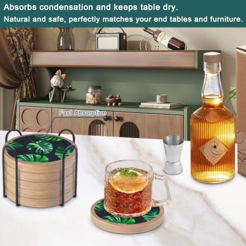 6 Pack Absorbent Coasters Set with Holder Wood Coasters for Drinks Housewarming Gifts for Home Decoration Cup Coasters for Coffee Tabletop Protection 4.3 Inch