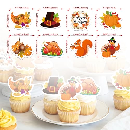 72PCS Edible Thanksgiving Day Cupcake Toppers Wafer Paper Autumn Food Cake Decorations Edible Pumpkins Cupcake Picks for Autumn Thanksgiving Party Birthday Decor Supplies