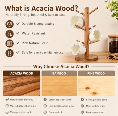 Large Acacia Wood Mug Holder Tree for Countertop