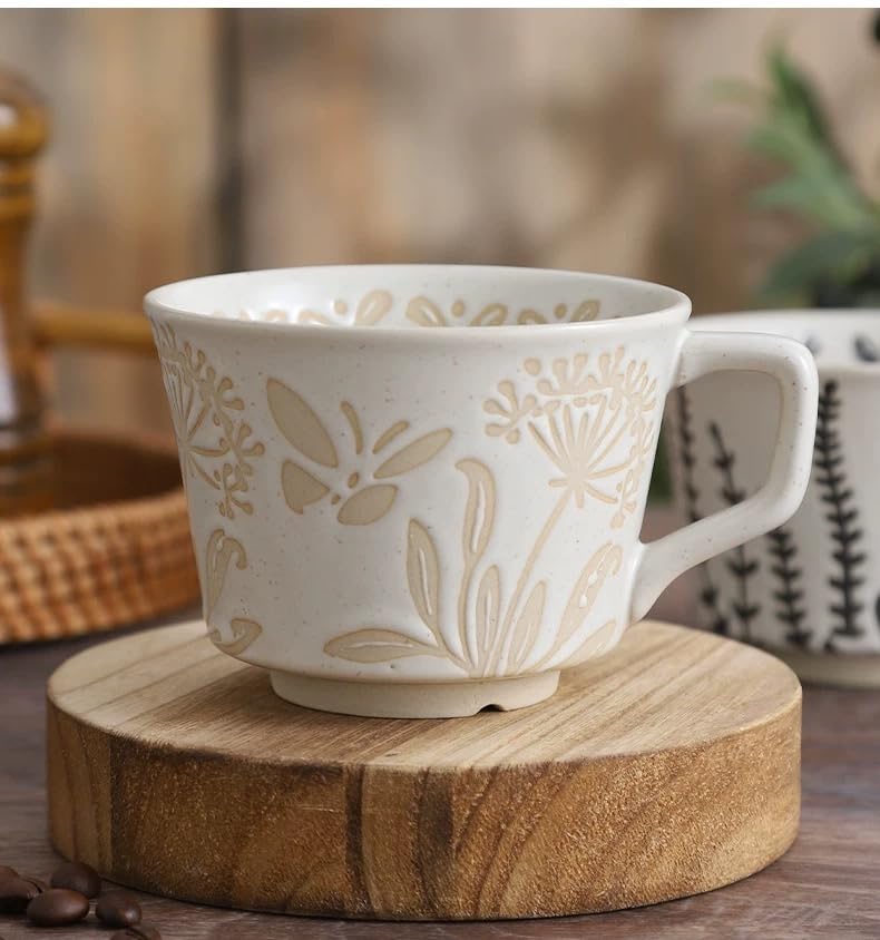 12 Ounce Ceramic Mug Set of 3 Embossed Leaf Ceramic Coffee Mugs