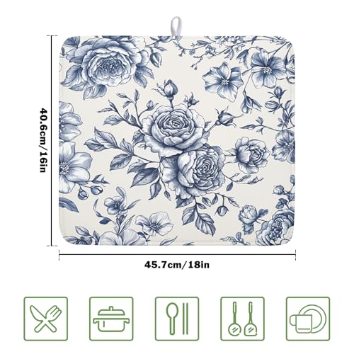 Vintage Floral Dish Drying Mat for Kitchen Counter Blue Floral Chinoiserie Pattern Dish Drying Pad 16x18 In Absorbent French Farmhouse Decor Dishes Drainer Pad Dish Dry Rack Mat for Counter Coffee Bar