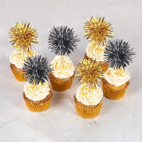 40 PCS Foil Firework Cupcake Toppers Sparkle Tinsel Cupcake Picks Fireworks Birthday Party Decorations Cocktail Fruit Toothpick for Birthday Wedding Graduation Party Decorations Supplies Black Gold (40 Count)