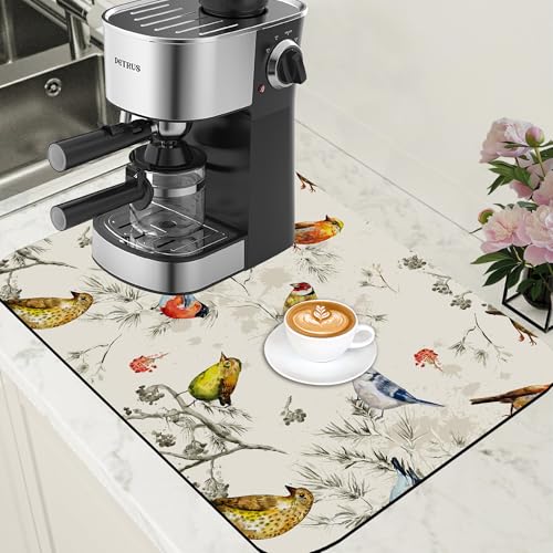 Cute Birds Coffee Mat Absorbent Dish Drying Mat for Kitchen Counter Hide Stain Rubber Backed Coffee Bar Accessories Fit Under Espresso Machine Dish Drainer