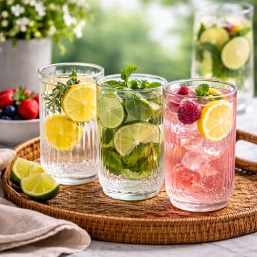 Drinking Glasses Set of 8. 17oz Vintage Drinking Cups. Ripple Cocktail Glasses (8 Count)