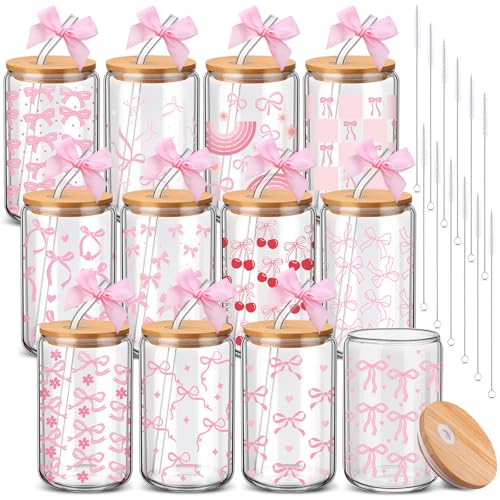 12 Pack Pink Bow Glass Cups with Lids and Straws 16 oz (12 Count)