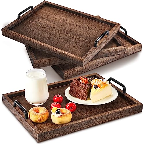 4 Pcs Large Wooden Serving Tray Decorative 15.8 x 11.8 x 1.2 in Ottomantray Rustic with Handle Coffee Table Wood Tray Kitchen Platter for Christmas Thanksgiving Party Gift Breakfast Wedding (4 Count)
