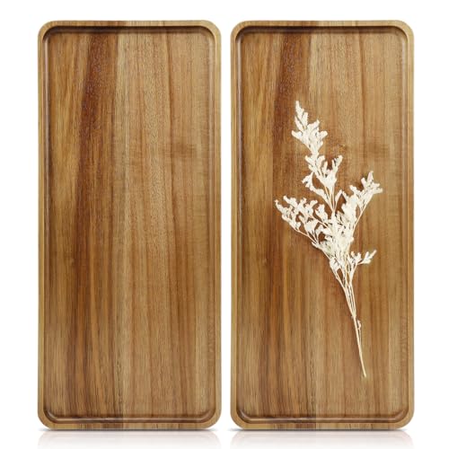 2 pcs15.7" x 7" Large Solid Acacia Wood Serving Tray Rectangular Wooden Serving Platter Natural Wooden Board for Bar Coffee Party