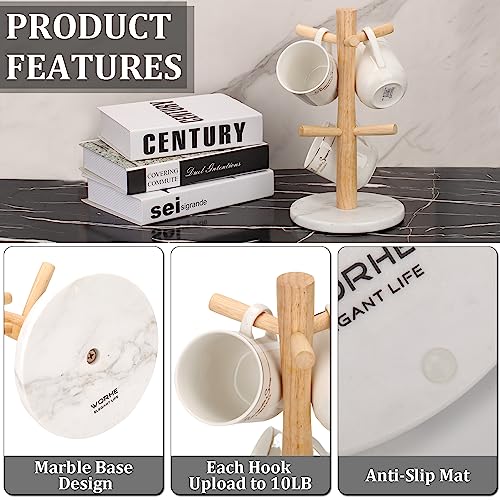 Mug Holder Marble Base with 6 Hooks Coffee Cup Rack Organizer for Countertop