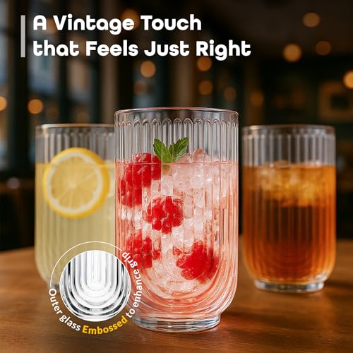 Drinking Glasses Set of 8. 17oz Vintage Drinking Cups. Ripple Cocktail Glasses (8 Count)