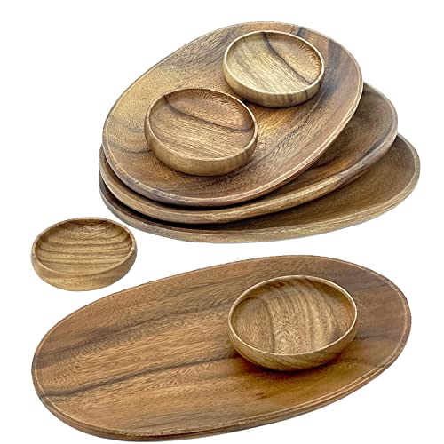 Woodard & Charles Acacia Wood 12" Oval Tray with Dip Bowls