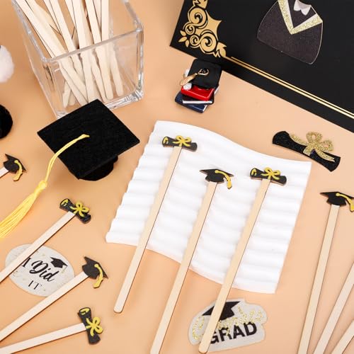 120Pcs Graduation Coffee Stirrers 2026 Grad Black Hat Diploma Disposable Stir Sticks Wooden Drink Stirrers for Home Office Bar Restaurant Party Supplies