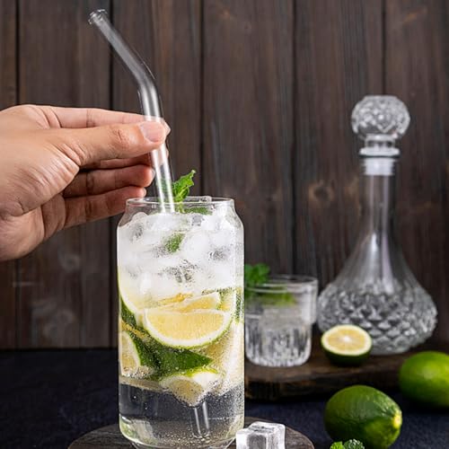Reusable Glass Straws Set 16 Pcs 8.5''x 10MM Bent Straight Clear Glass Drinking Straws Set of 8 Straight and 8 Bent with 4 Cleaning Brushes Perfect For Smoothies (16 Count)