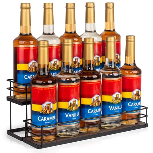 10 Bottle Capacity Coffee Syrup Organizer 2 Tier Coffee Syrup Stand Shelf for Coffee Bar Kitchen Small Wine Rack for Bar Family Storage for Syrup Wine Dressing (13.6 inch(es))