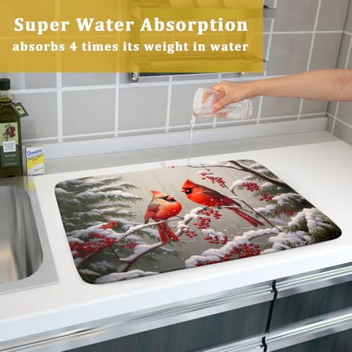 Winter Red Cardinal Bird Dish Drying Mat for Kitchen Counter