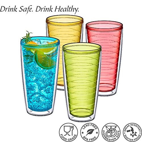 Alaska - 24-Ounce Insulated Tumblers (Set of 4), Double-Wall Drinking Glasses, Mixed-Color Reusable Cups, BPA-Free, Shatter-Proof, Dishwasher-Safe (4 Count)