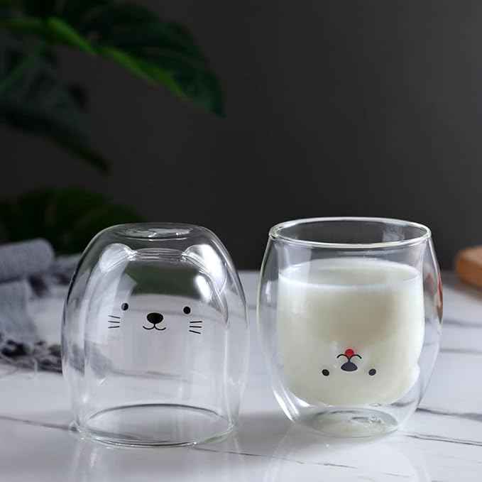 Dog Mug Cute Mugs Glass Double Wall Insulated Glass Espresso Cup, Coffee Cup, Tea Cup, Milk Cup,Kawaii Gift for Office and Personal Birthday Christmas (Happy Dog)