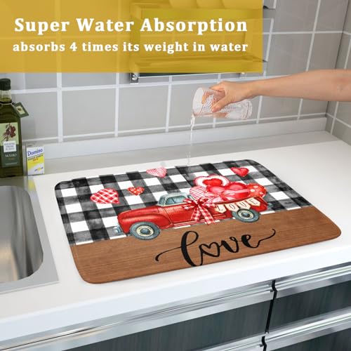 Valentine's Day Red Heart Truck Dish Drying Mat for Kitchen Counter