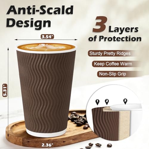 90 Pack 16 oz Disposable Paper Coffee Cups Insulated Brown (90 Count)