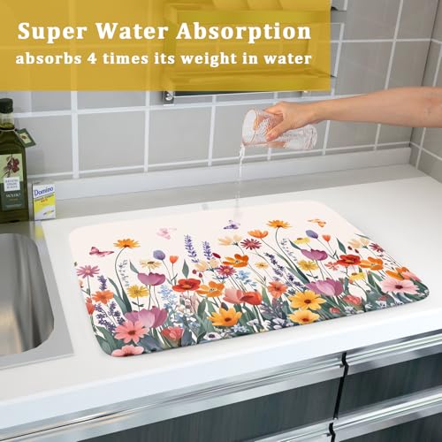 Spring Summer Flowers Dish Drying Mat for Kitchen Counter 18"x24" Colorful Floral Drying Mat Soft Absorbent Microfiber Farmhouse Fluttering Butterfly Dish Drainer Rack Mats for Counter tops