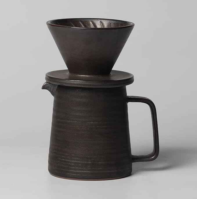 Stoneware Handmade Pour Over Coffee Maker Set, Ceramic Coffee Brewer Hand Drip Cone Dripper & Coffee Pot Microwaveable Decanter, Retro Metallic Glaze, 16oz