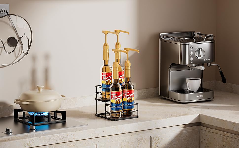 4 Bottle Capacity Coffee Syrup Organizer 2 Tier Coffee Syrup Stand Shelf for Coffee Bar Kitchen Small Wine Rack for Bar Family Storage for Syrup Wine Dressing (13.6 inch(es))