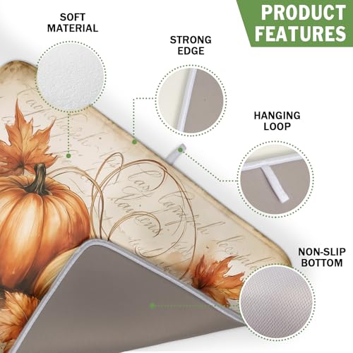 Fall Pumpkin Dish Drying Mat 16X18 Inch Vintage Autumn Drying Mat for Kitchen Counter Absorbent Maple Leaf Fall Thanksgiving Farmhouse Dishes Pad Drainer Mat Countertop Protector for Kitchen Fast Dry
