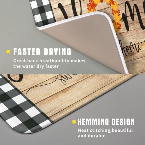 Home Sweet Home Dish Drying Mat 16x18 Inch Fall Autumn Maple Leaf Wreath Dish Drainer Mats Rustic Brown Wood Board Microfiber Dish Drying Rack Pad for Kitchen Countertop Farmhouse Decor