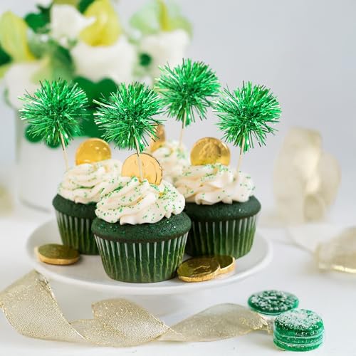30Pcs Foil Firework Cupcake Toppers Party Birthday Cake Toppers Supplies Sparkle Tinsel Cocktail Fruit Toothpick for Birthday Wedding Graduation Party Supplies Green (30 Count)