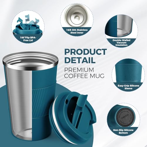 13 oz Stainless Steel Insulated Travel Coffee Mug with Fip Lid Bulk 2 Pack (2 Count)