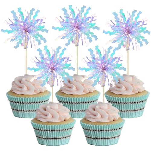 20Pcs Foil Firework Cupcake Toppers Happy Birthday Cake Toppers Sparkle Tinsel Flower Drink Stirrers Cocktail Food Fruit Toothpicks for Valentine's Day Party Supplies Light Blue (20 Count)