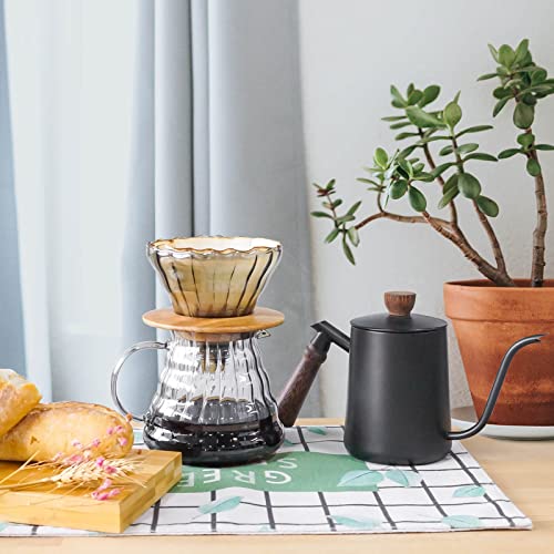 Pour Over Coffee Maker Set with Black Gooseneck Kettle Wooden Storage Tray Coffee Dripper Glass Server Coffee Scoop DIY Manual Coffee Maker Set