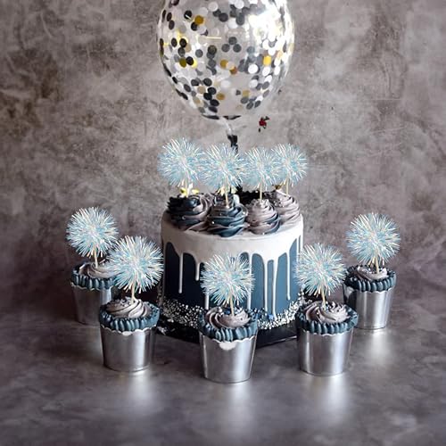 30Pcs Foil Firework Cupcake Toppers Sparkle Tinsel Cupcake Picks Drink Stirrers Cocktail Food Fruit Toothpicks for Baby Shower Graduation Party Supplies White (30 Count)