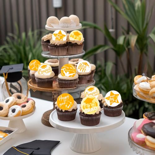 48Pcs 2026 Graduation Cupcake Toppers Wafer Paper Class of 2026 Cake Decorations Edible Congrats Grad Cupcake Picks for 2026 Graduation Theme Party Cake Supplies Gold Orange (48 Count)