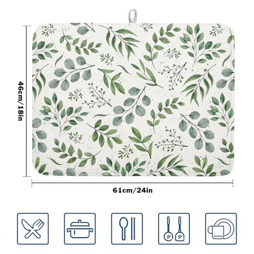 Sage Green Dish Drying Mat 18x24 In Absorbent Reversible Eucalyptus Leaves Plant Drying Mat Green Plant Dish Drying Rack Mat Spring Summer Themed Dish Drainer Mat for Kitchen Counter Coffee Bar