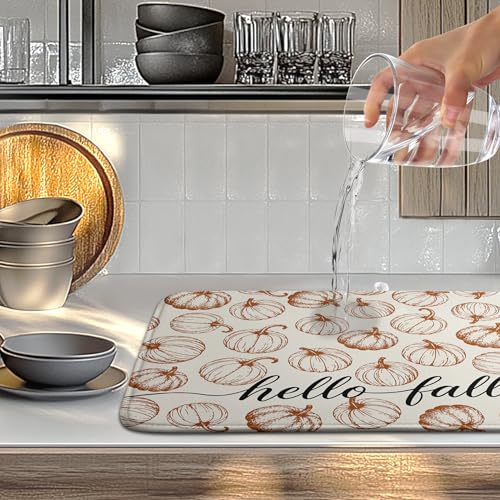 Hello Fall Dish Drying Mats Thanksgiving Pumpkin Dish Mat Autumn Drying Matt Dishes Dryer Pad for Kitchen Counter Absorbent Microfiber Washable Foldable Reusable 18x24 in