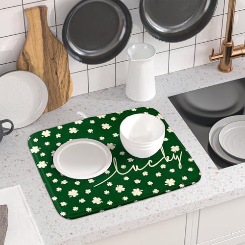 St Patricks Day Dish Drying Mat Green Lucky Clovers Dish Drainer Mats 16"x18" Shamrock Holiday Microfiber Reversible Dish Drying Rack Pad Protector for Kitchen Countertop Small Decor