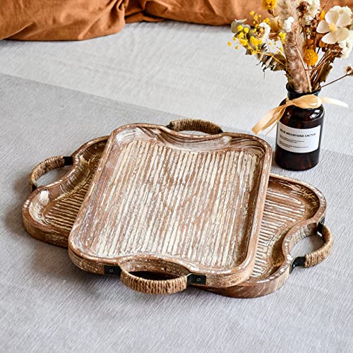Rustic Wood Serving Tray with Metal Twine Handles Set of 2 Rectangular Decorative Trays Farmhouse Platter for Food (2 Count)