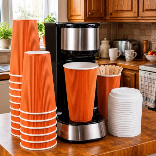 Ripple Wall Coffee Cups 25 Count 16 Ounce Insulated Tangerine Orange Paper Cups