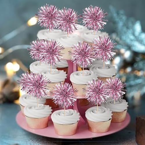 40 PCS Foil Firework Cupcake Toppers Sparkle Tinsel Cupcakae Picks Sparkler Fireworks Party Decorations Cocktail Fruit Toothpick for Birthday Wedding Graduation Party Decorations Supplies Pink (40 Count)