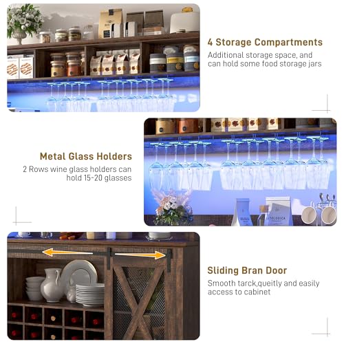 63"Wide 58"H Farmhouse Coffee Bar Cabinet with Power Outlet and LED Light