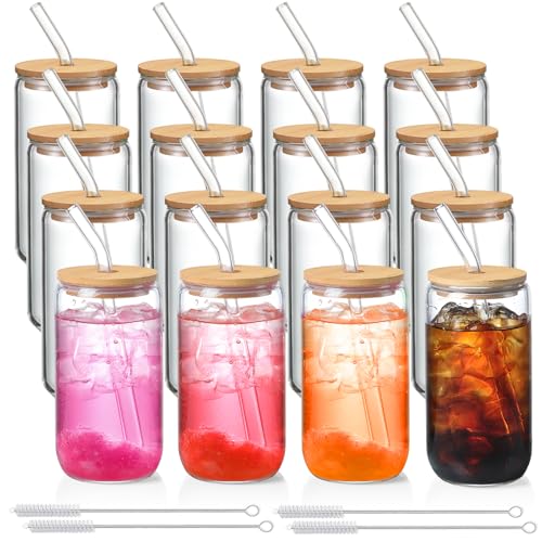 16 Pack Glass Cups with Lids and Straws 16 oz (16 Count)